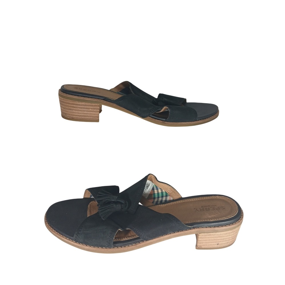 Sperry Top-Sider Leather Mule Sandals 11 Black Tassel Block Heel STS85216